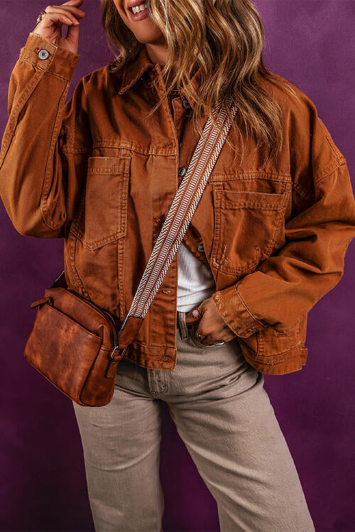 Collared Neck Button-Up Denim Jacket Ochre