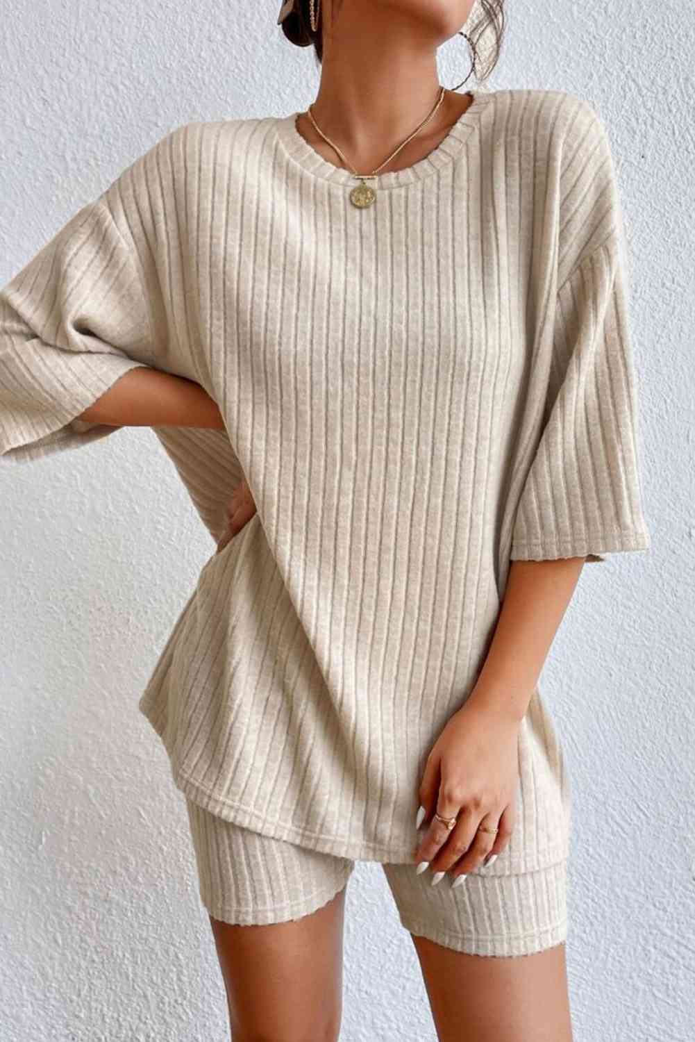 Round Neck Ribbed Top and Shorts Lounge Set Sand