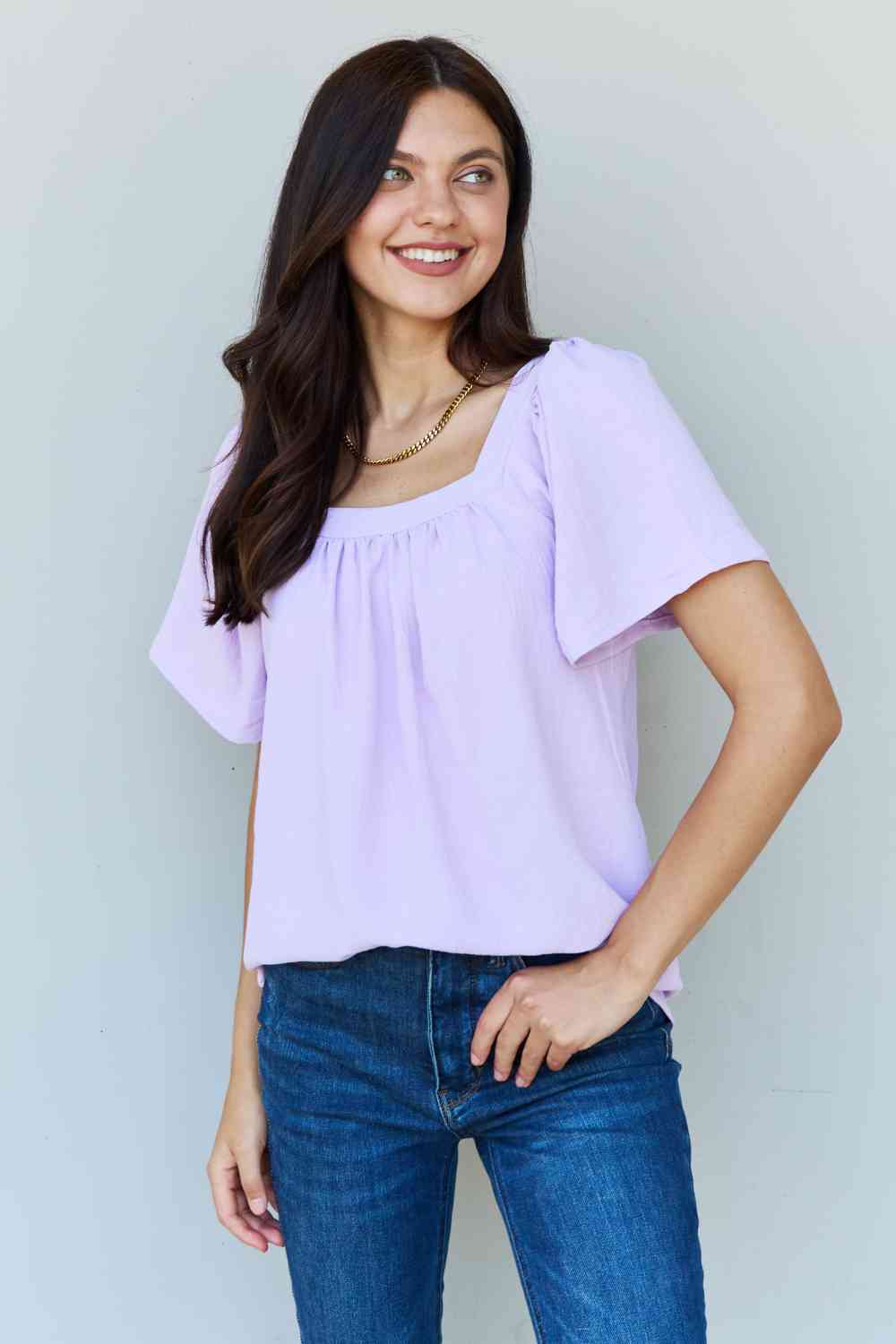 Ninexis Keep Me Close Square Neck Short Sleeve Blouse in Lavender Lavender