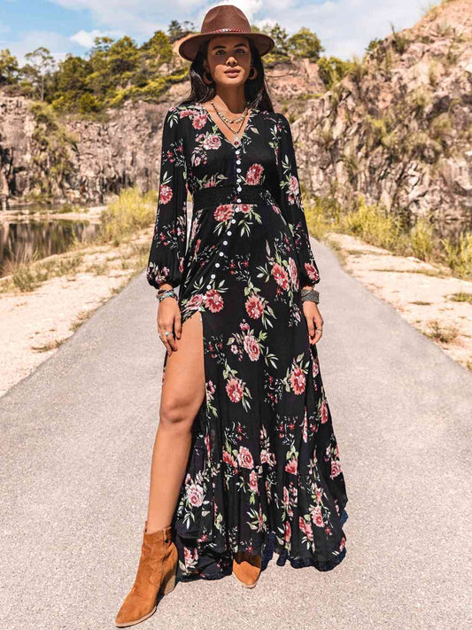 Floral V-Neck Split Maxi Dress Black