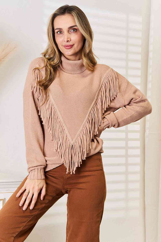 Woven Right Turtleneck Fringe Front Long Sleeve Sweater Camel