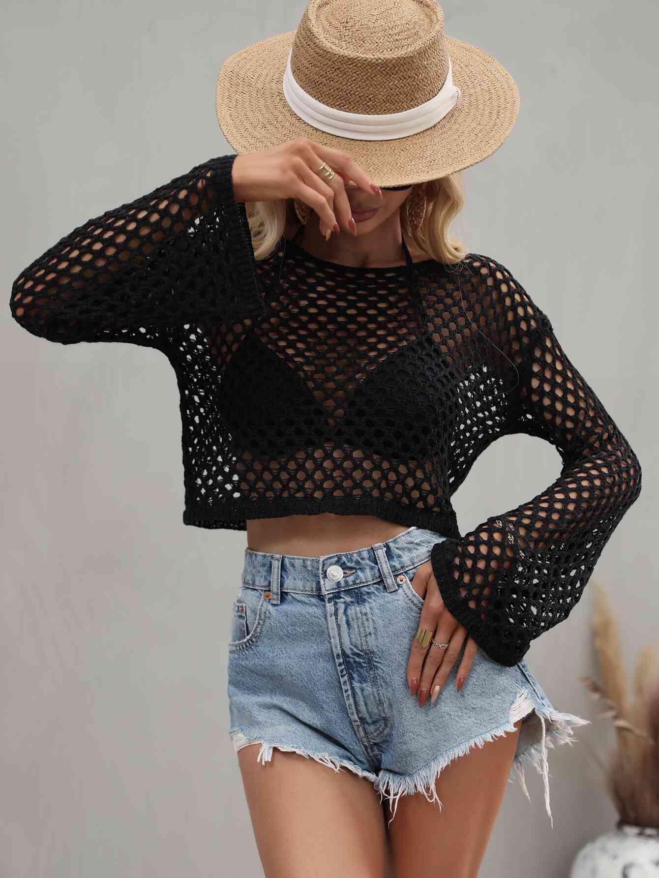 Openwork Flare Sleeve Cropped Cover Up Black