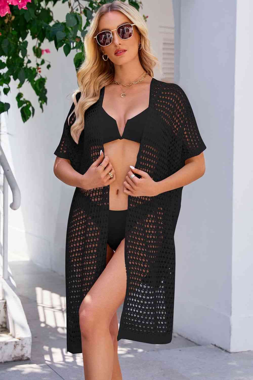 Openwork Tie Waist Cover Up Black