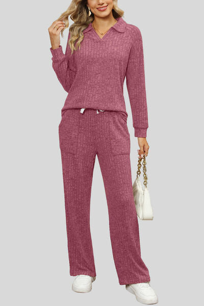 Ribbed Long Sleeve Top and Pocketed Pants Set Light Mauve