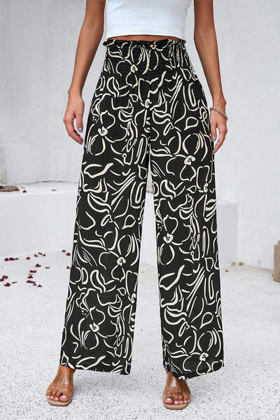 Smocked Printed Wide Leg Pants with Pockets Black