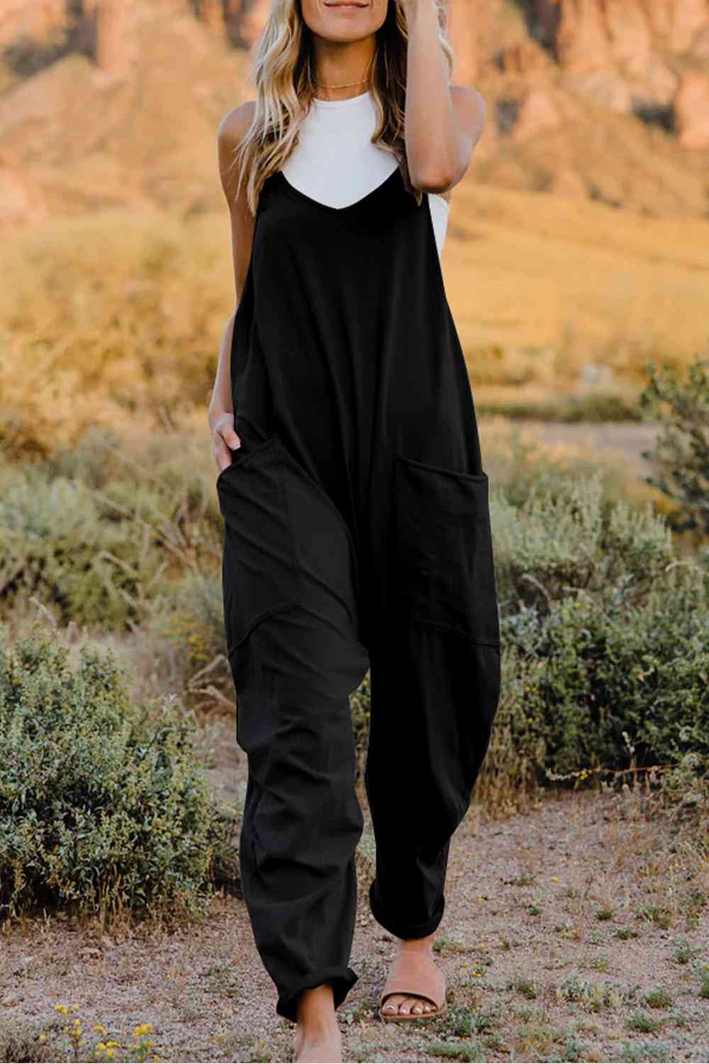 Double Take V-Neck Sleeveless Jumpsuit with Pocket Black
