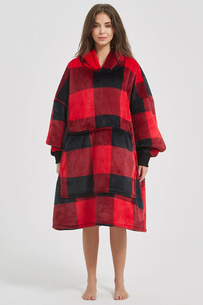 Plaid Hooded Oversize Fuzzy Lounge Dress Deep Red One Size