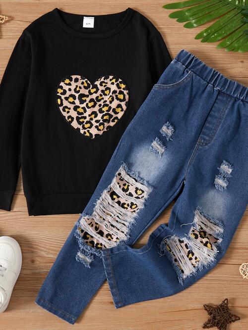 Leopard Heart Graphic Top and Pants Set Black