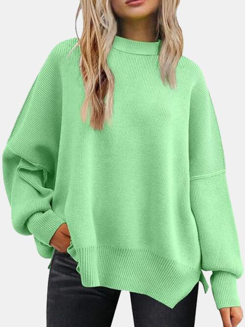 Round Neck Drop Shoulder Slit Sweater Mint Green