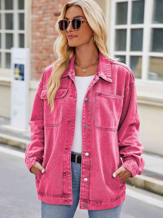 Button Up Denim Jacket with Pockets Hot Pink