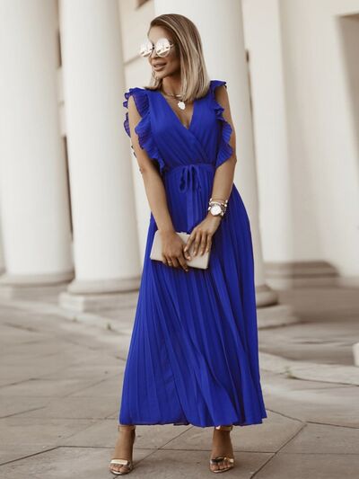 Tied Surplice Cap Sleeve Pleated Dress Cobald Blue