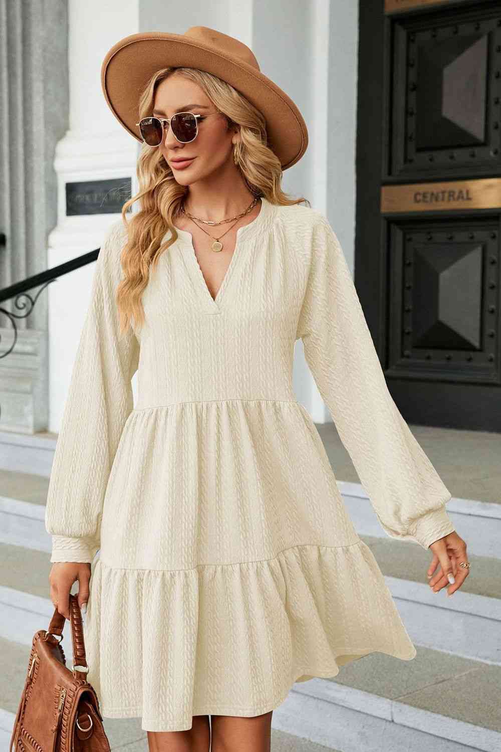 Notched Neck Long Sleeve Mini Dress Cream