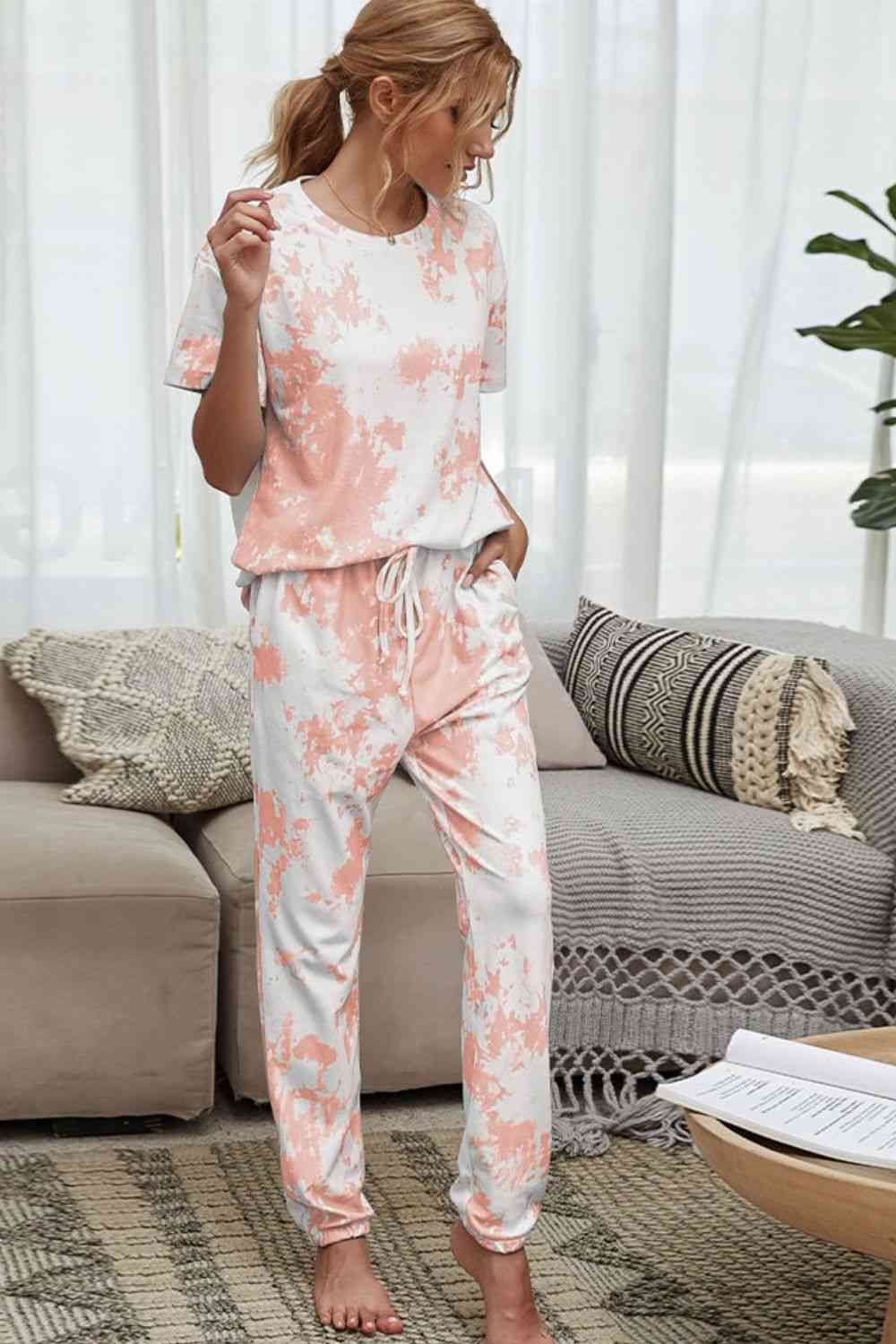 Tie-Dye Tee and Drawstring Waist Joggers Lounge Set Peach