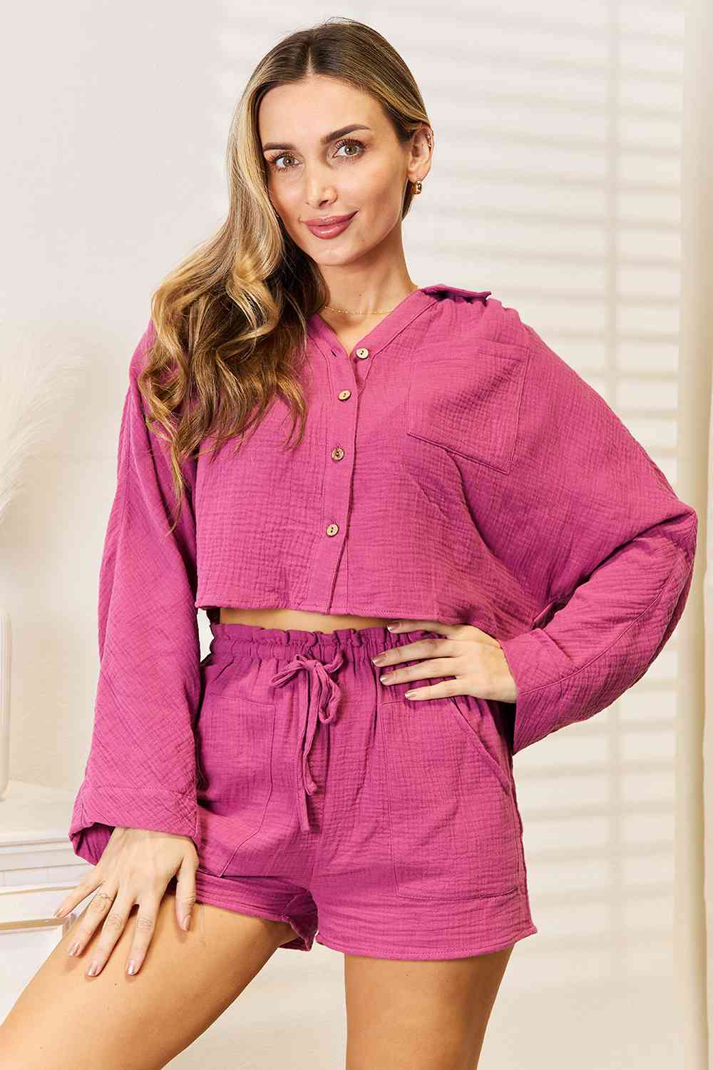 Basic Bae Buttoned Long Sleeve Top and Shorts Set Fuchsia