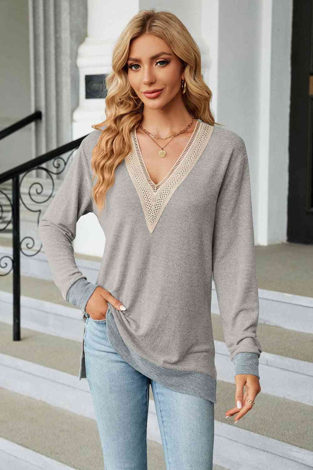 V-Neck Long Sleeve T-Shirt Light Gray