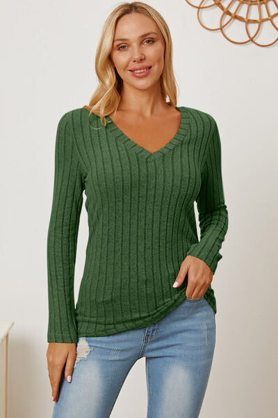 Basic Bae Full Size Ribbed V-Neck Long Sleeve T-Shirt Mid Green