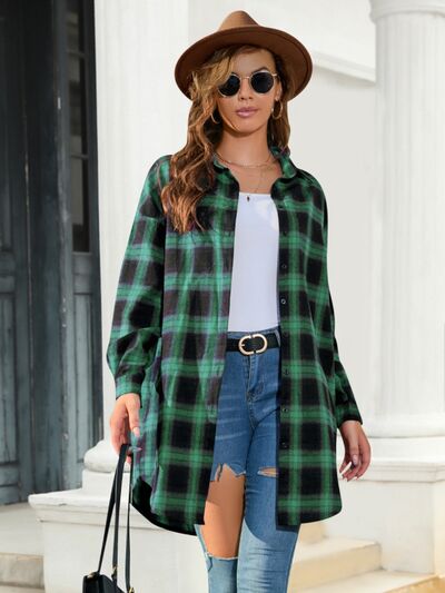 Plaid Button Up Dropped Shoulder Shirt Green