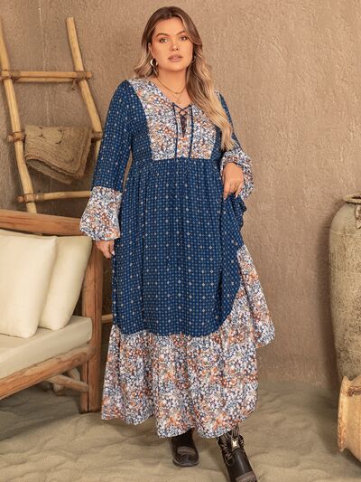 Plus Size Printed Balloon Sleeve Maxi Dress Peacock Blue