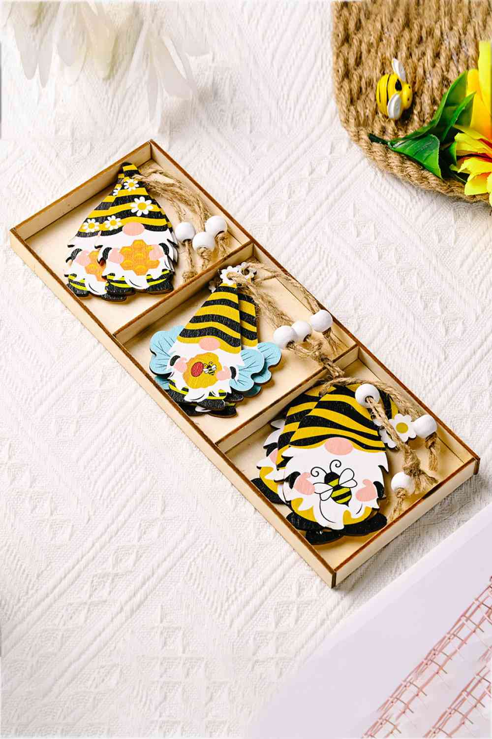 3-Pack Bee Wood Gnome Ornaments Yellow/Black One Size