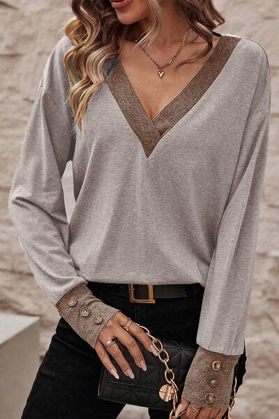 V-Neck Dropped Shoulder Blouse Dust Storm