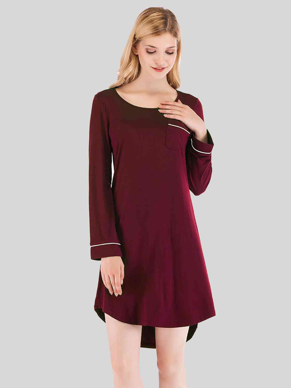 Round Neck Night Dress with Pocket Wine