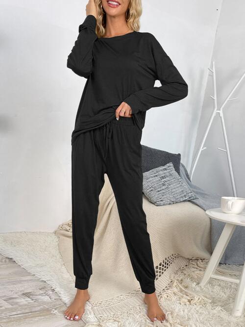 Round Neck Top and Drawstring Pants Lounge Set Black