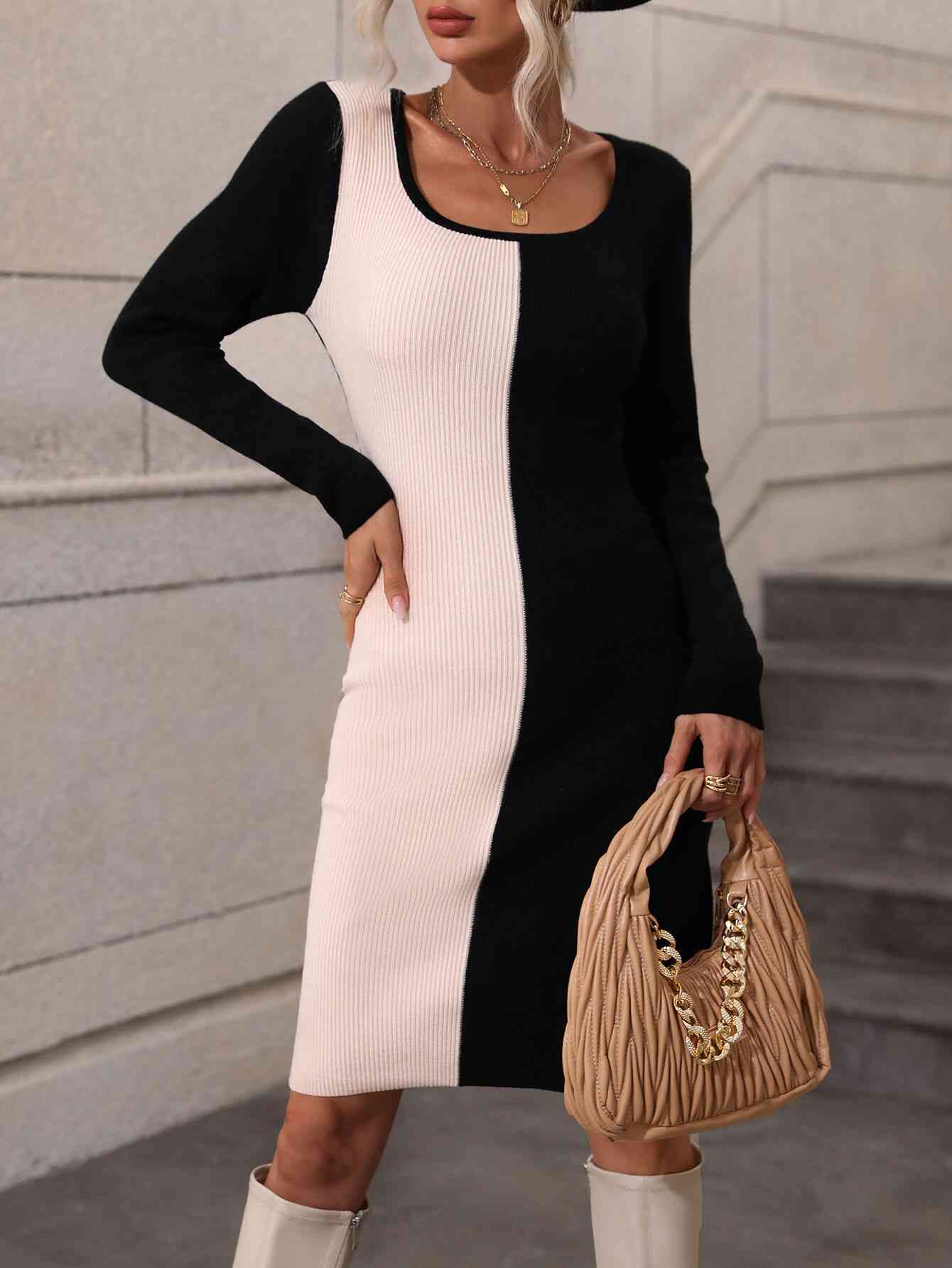 Woven Right Contrast Slit Sweater Dress Black/Cream
