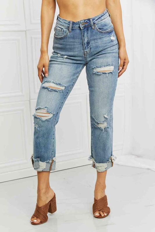 RISEN Full Size Leilani Distressed Straight Leg Jeans Medium