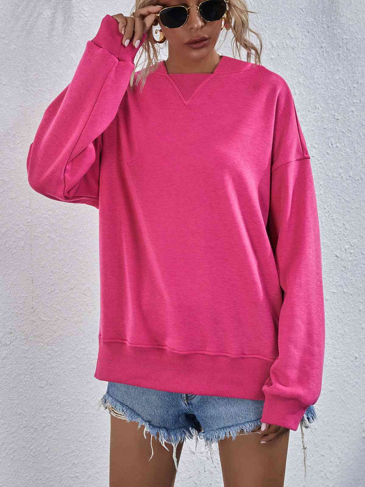 Dropped Shoulder Slit Hoodie Hot Pink