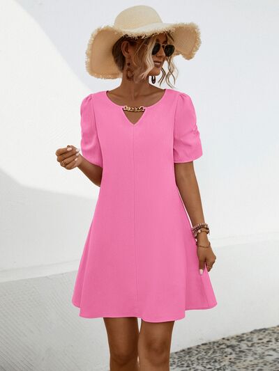 Chain Notched Short Sleeve Dress Fuchsia Pink