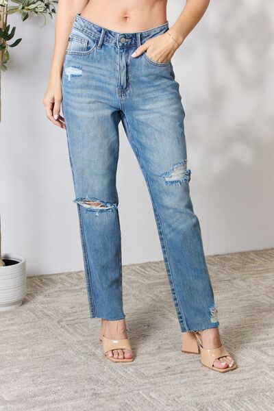 Judy Blue Full Size Distressed Raw Hem Straight Jeans Medium