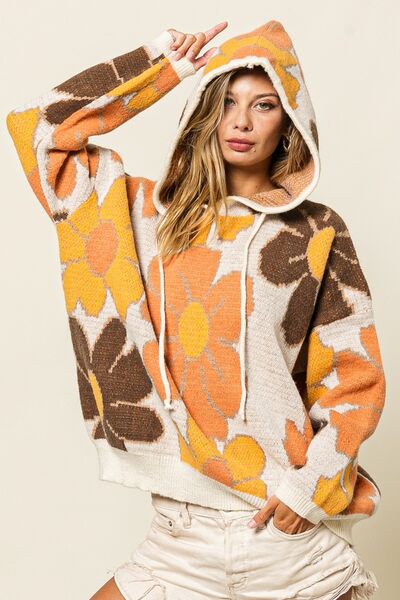 BiBi Flower Pattern Drawstring Hooded Sweater RUST COMBO
