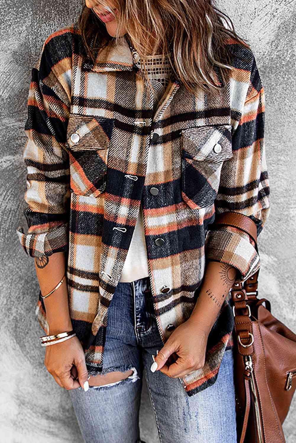 Double Take Plaid Button Front Shirt Jacket with Breast Pockets Blue