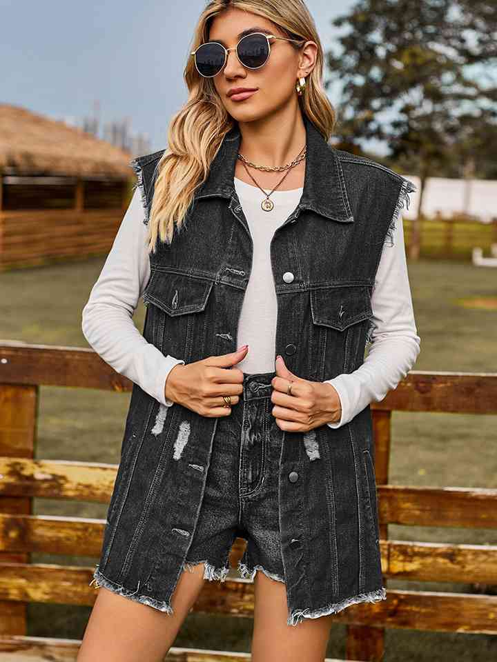 Distressed Sleeveless Denim Jacket Black