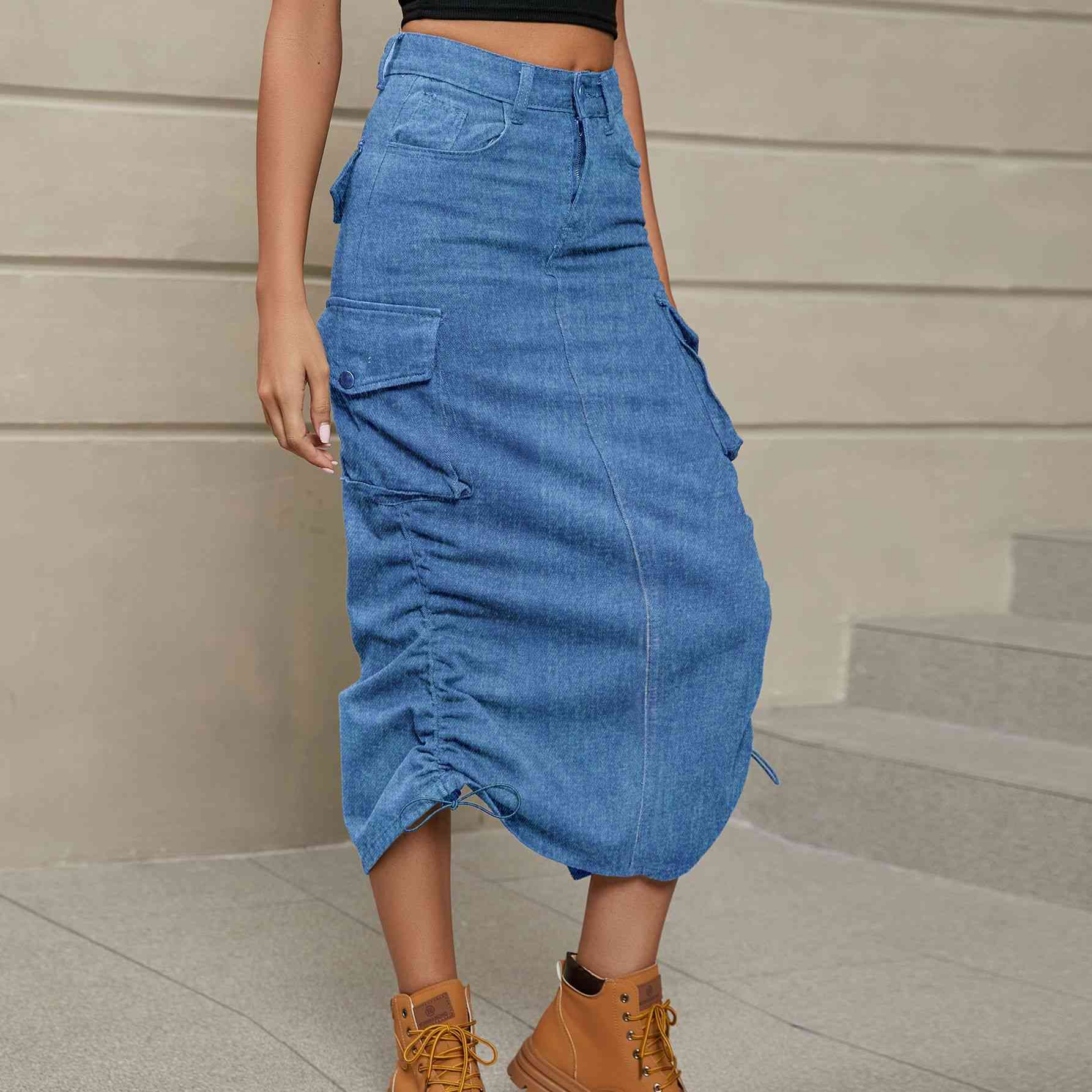 Drawstring Ruched Slit Denim Midi Skirt Denim