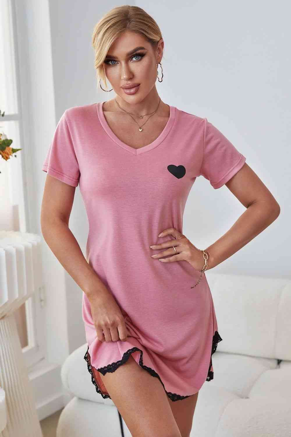 Heart Graphic Lace Trim Night Dress Pink