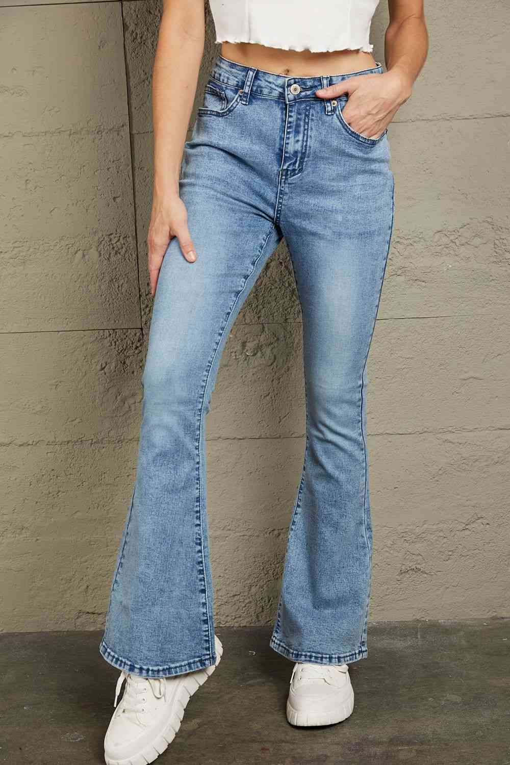 Baeful Vintage Wash Flare Jeans with Pockets Denim