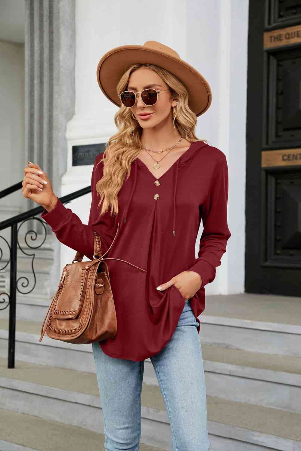 Long Sleeve Hooded Blouse Wine