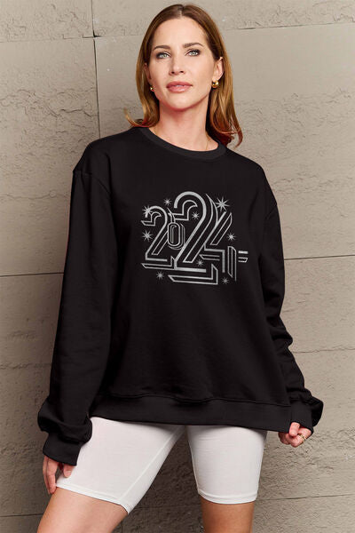Simply Love Full Size 2024 Round Neck Dropped Shoulder Sweatshirt Black