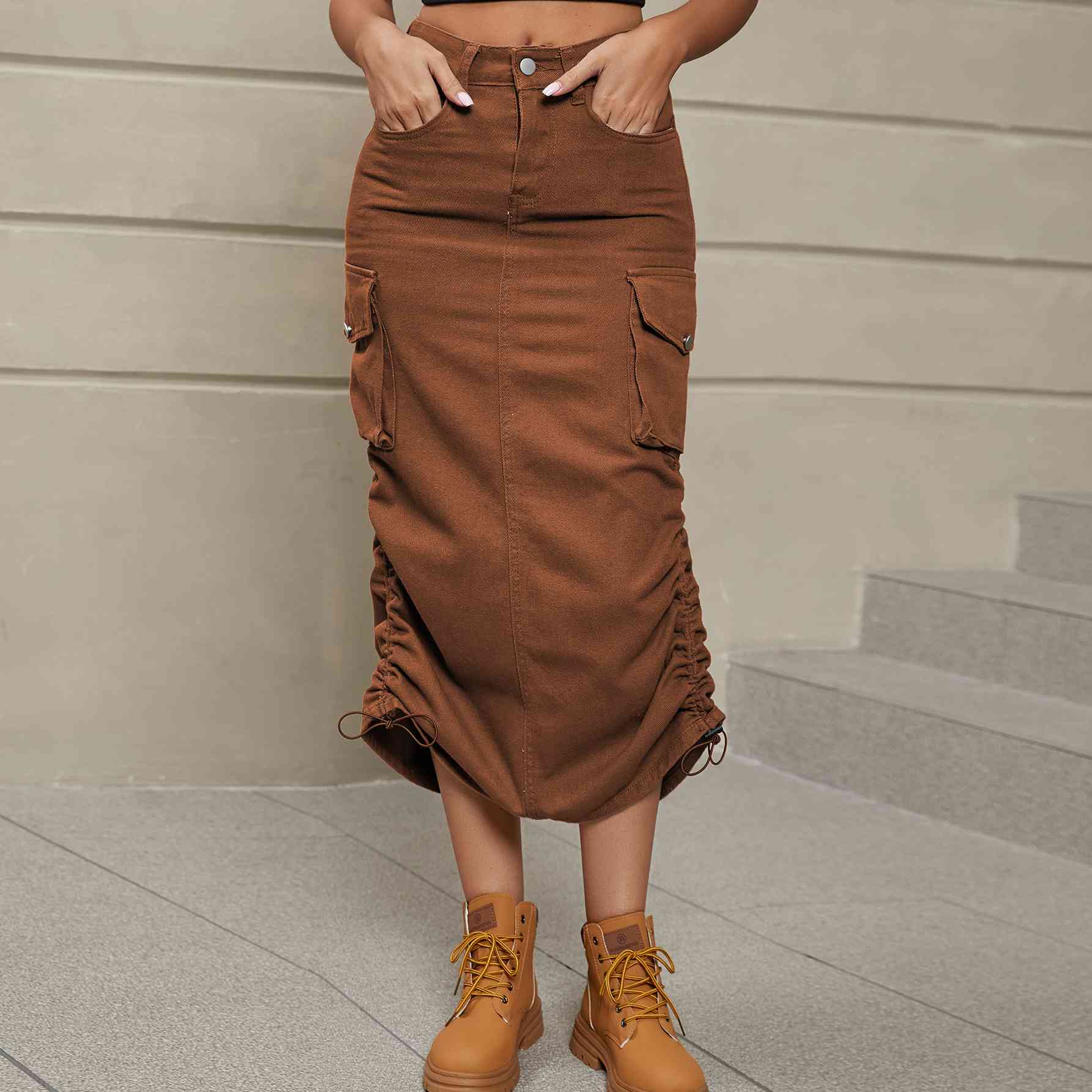 Drawstring Ruched Slit Denim Midi Skirt Chestnut