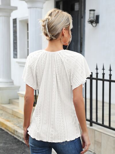 Eyelet Tie Neck Flutter Sleeve Blouse