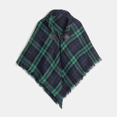 Plaid Horn Buckle Fringe Hem Shawl Green One Size