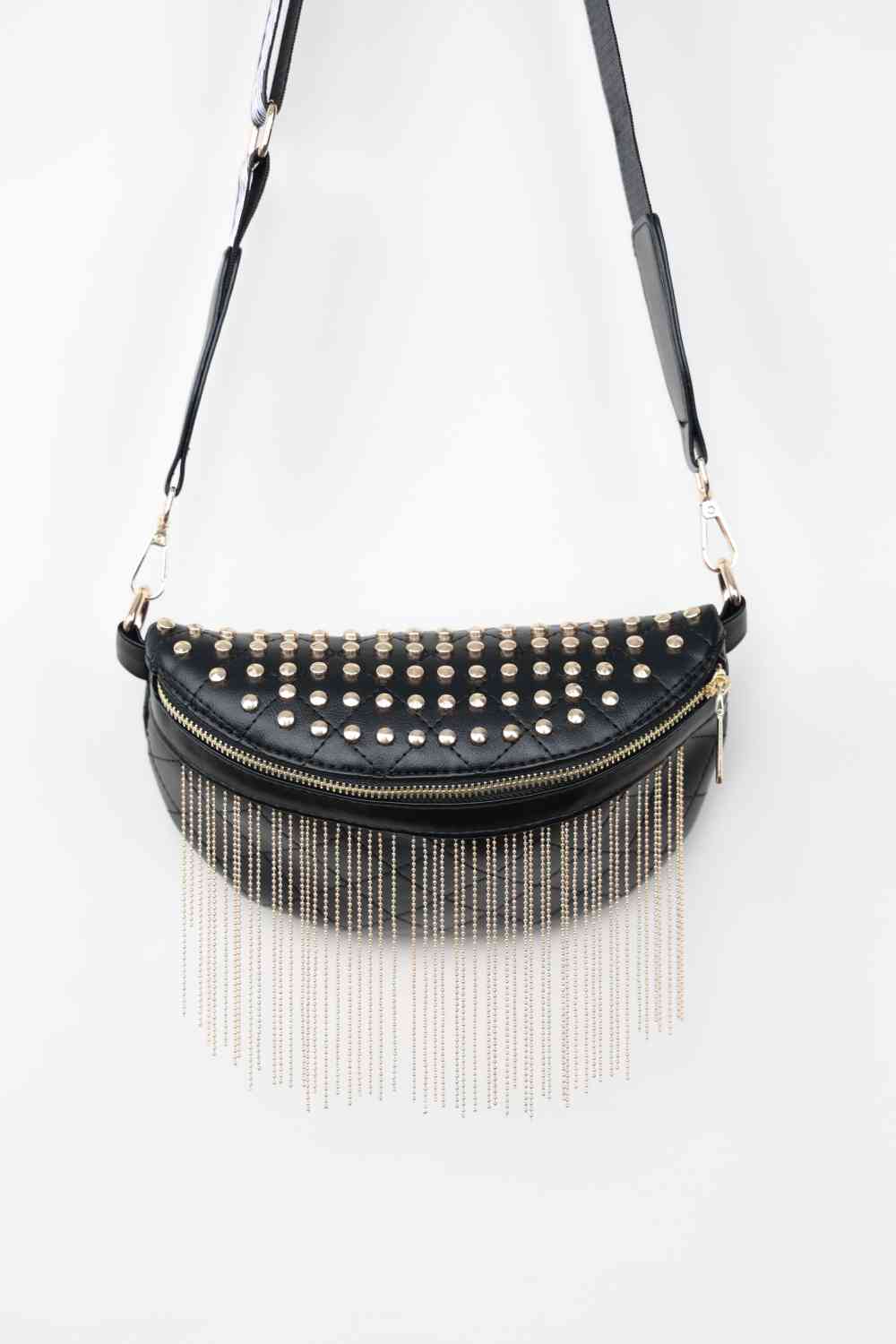 Adored PU Leather Studded Sling Bag with Fringes Gold One Size
