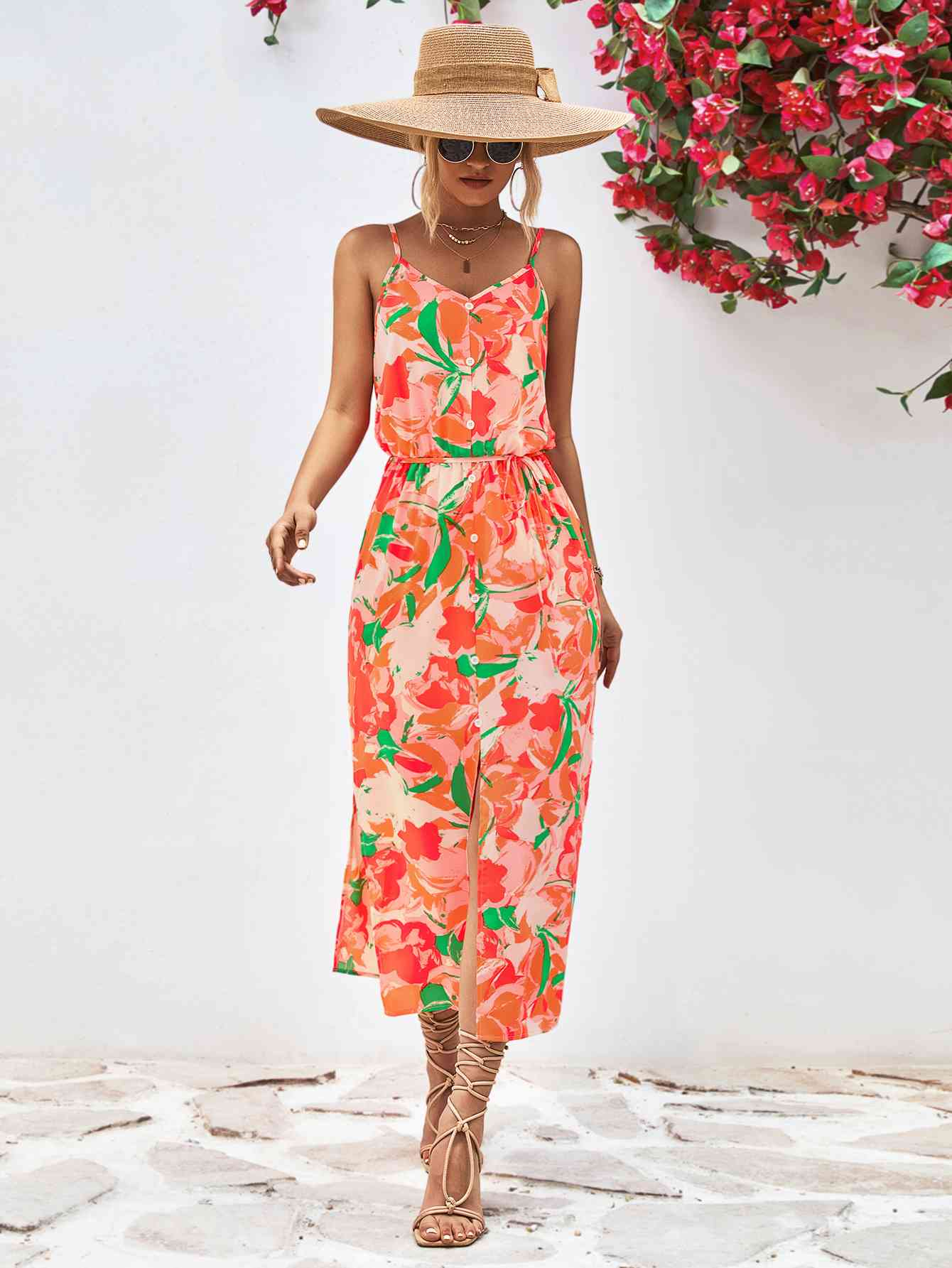 Printed Spaghetti Strap Front Slit Dress Orange