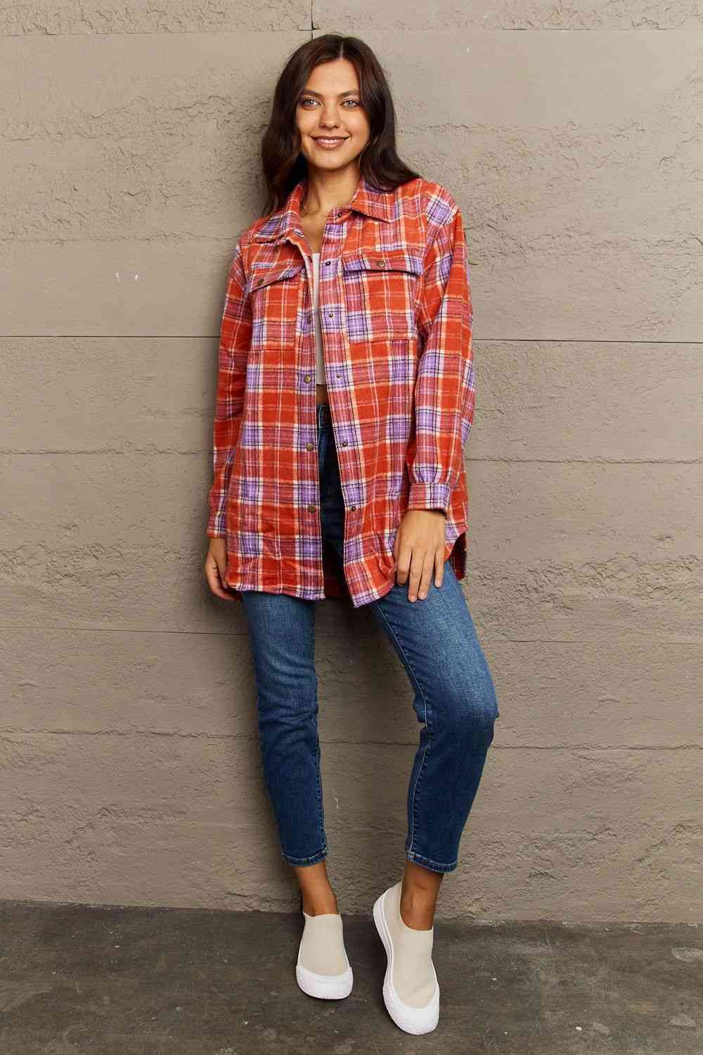 Ninexis Full Size Plaid Collared Neck Button-Down Long Sleeve Jacket