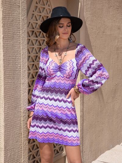 Printed Sweetheart Neck Balloon Sleeve Dress Vivid Violet