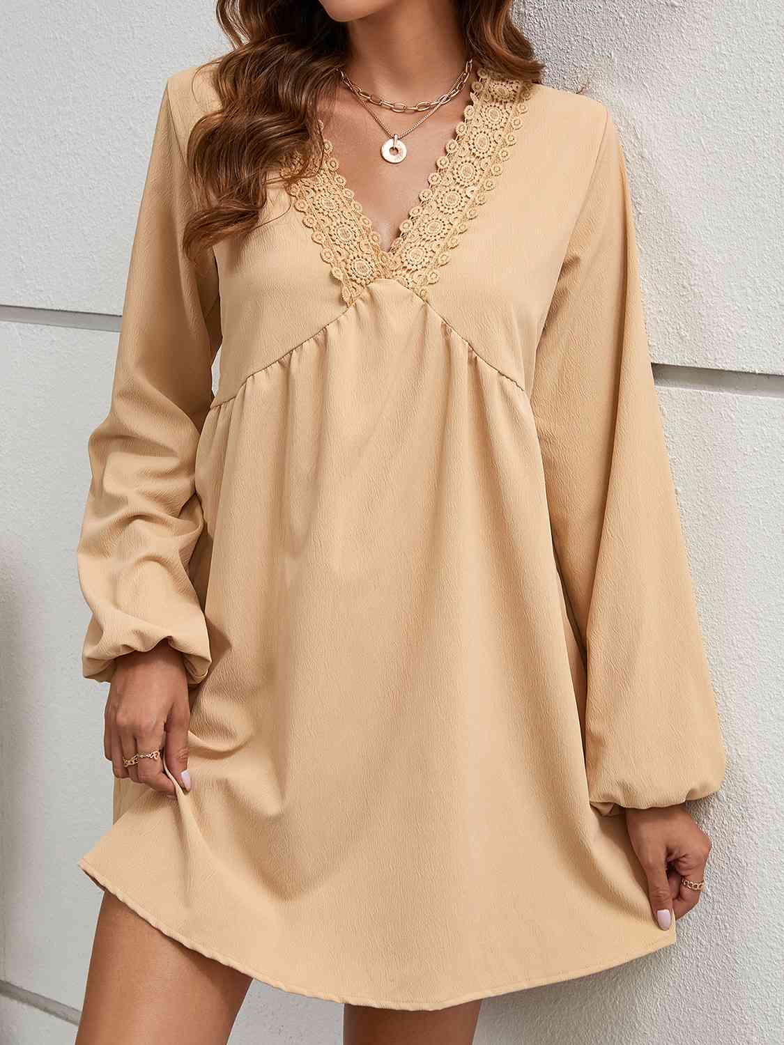 V-Neck Lace Detail Mini Dress Tan