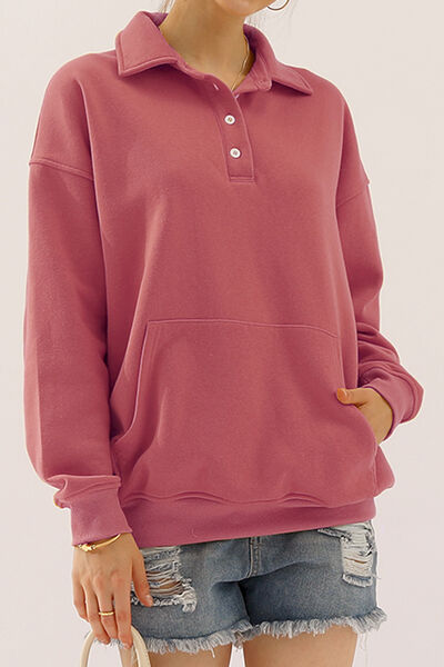 Ninexis Full Size Quarter-Button Collared Sweatshirt Dusty Pink