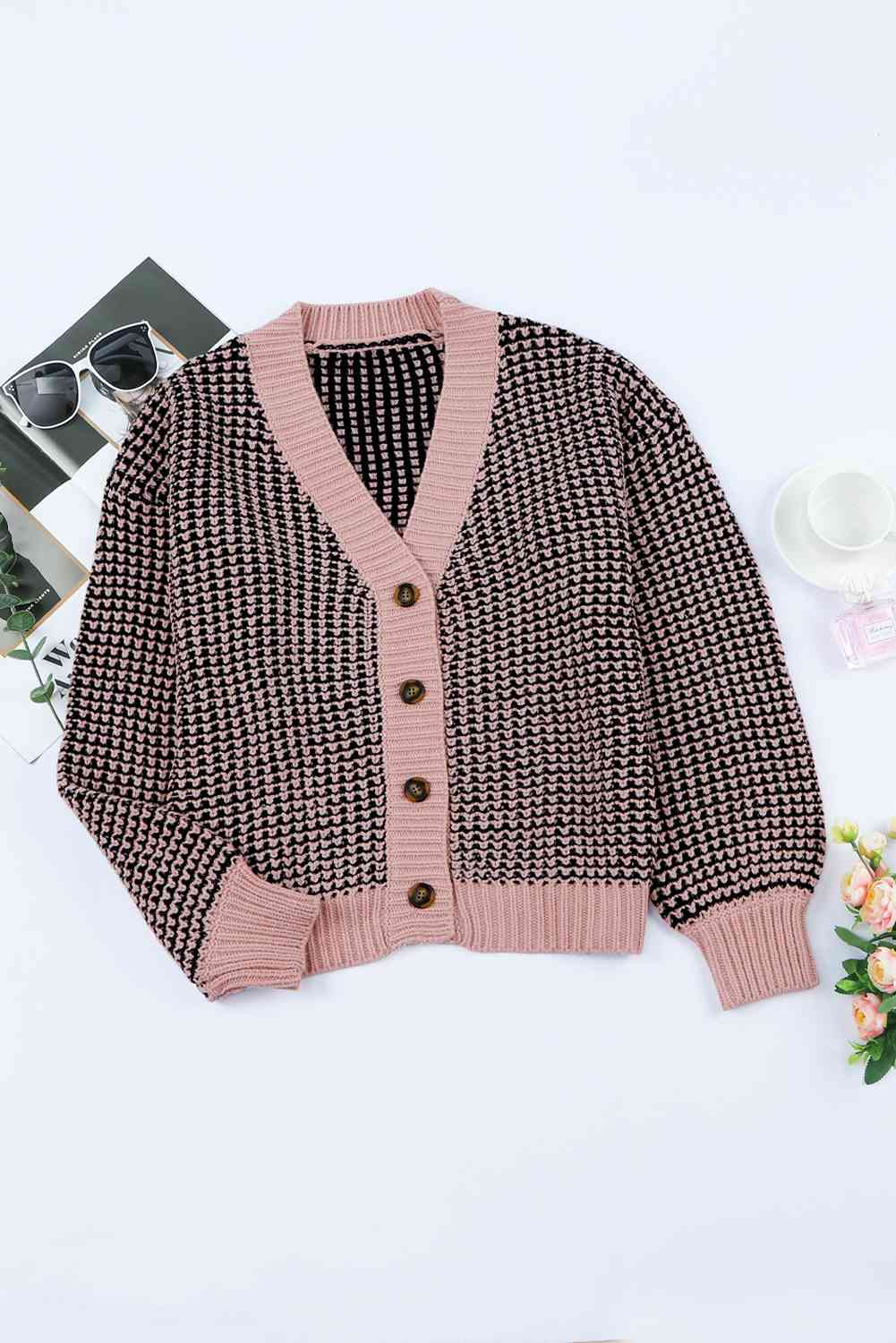 Woven Right Waffle-Knit Drop Shoulder Button-Down Cardigan Pink/Black