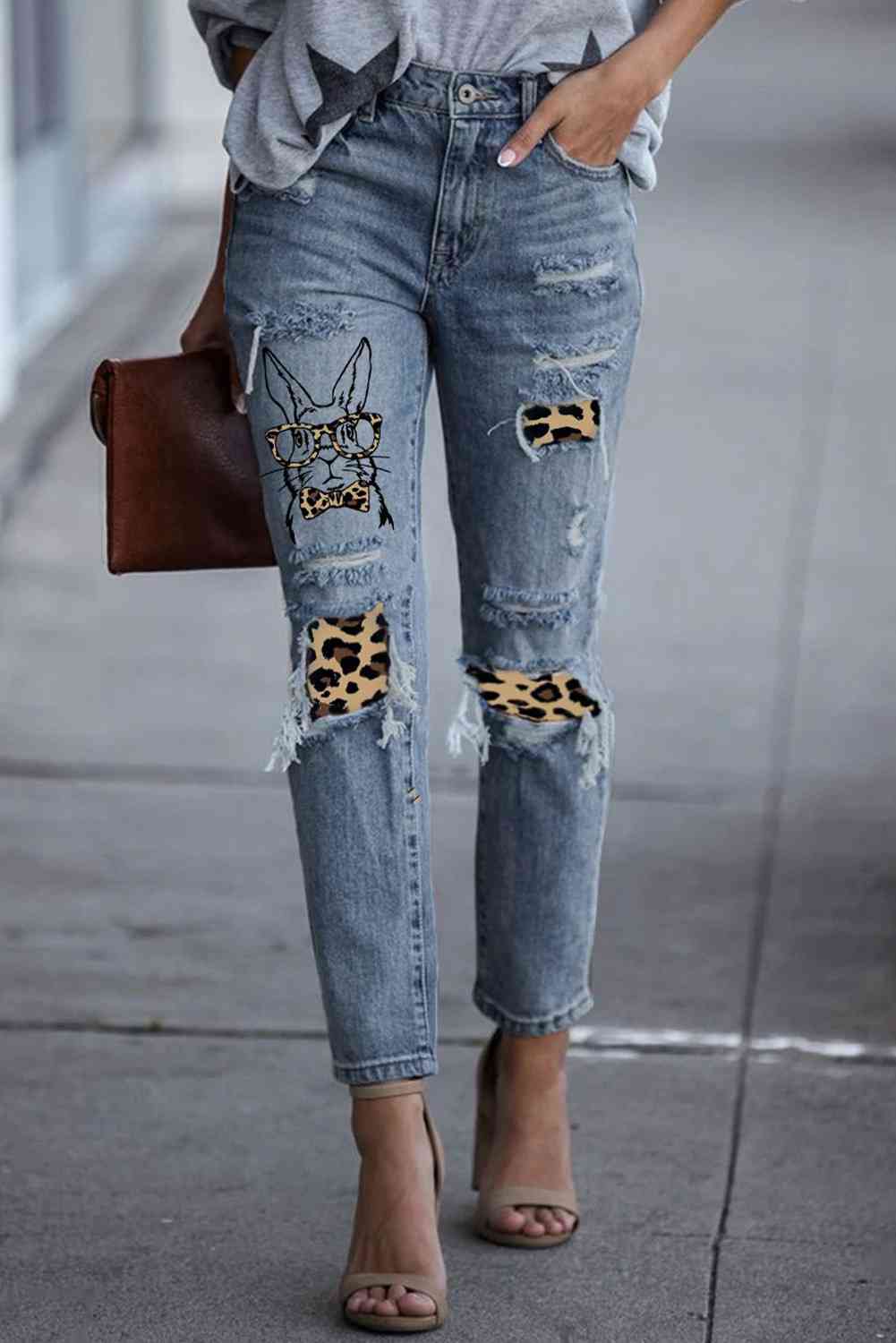 Baeful Easter Leopard Patch Bunny Graphic Jeans Light
